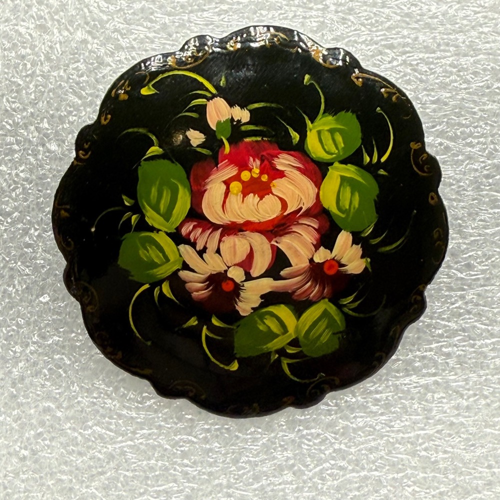 VTG Russian Lacquer Brooch Hand Painted Floral Rose Black Wood Signed Folk Art